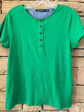 Ralph Lauren Kelly Green Button-Front Placket Tee, Slim Fit, Cotton, Cap Sleeves